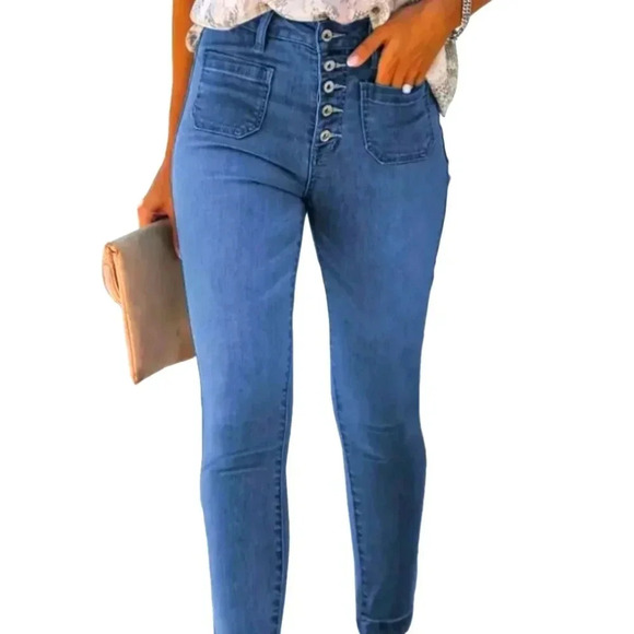 Women Medium Blue Button Fly Skinny Jeans Front Pocket Stretch Women's Sz M - Picture 1 of 10